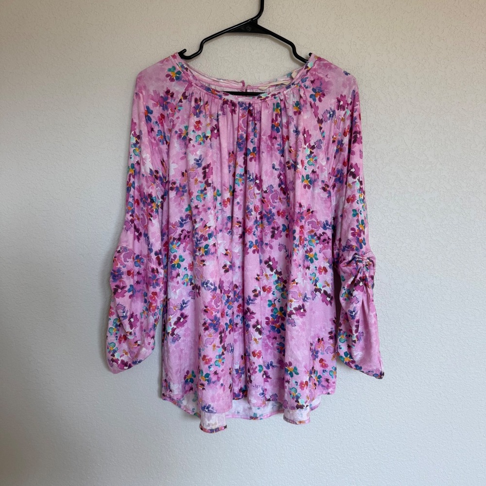 Soft Surroundings Pink Floral Blouse XL 3/4 Cinched Sleeve Relaxed Colorful